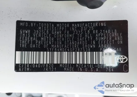 2025 Toyota Corolla Le from USA, damaged, VIN 5YFB4MDE4SP287538